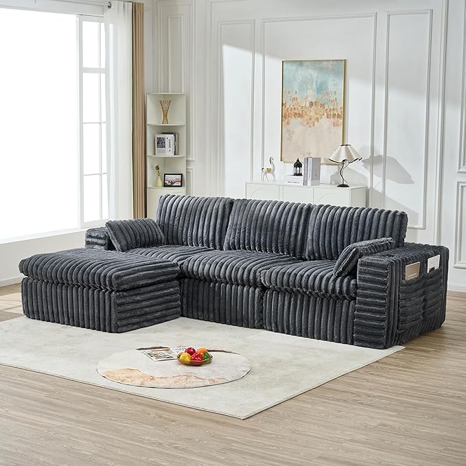 KEIKI 113'' Space-Saving Modular Sectional Sofa with Ottoman, Cloud-Like Ribbed Chenille Couch with Cup Holder & Storage Bag, Indoor Chaise Lounge Sofa Bed Alternative for Apartments & Modern Spaces