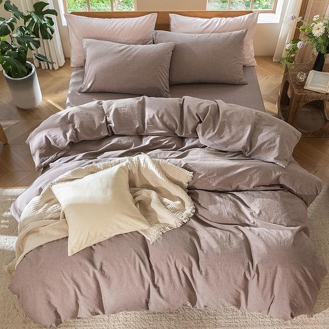 MooMee Bedding Duvet Cover Set 100% Washed Cotton Linen Like Textured Breathable Durable Soft Comfy (Heathered Mauve Brown, Full 80"x90")