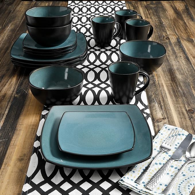 Gibson 99813.16R Elite Soho Lounge 16 Piece Reactive Glaze Dinnerware Set, Teal/Black Tutone