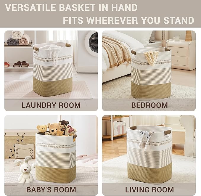 Laundry Hamper 85L Large Blanket Storage, Basket Blankets Living Room, Toys, Towel, Dirty Clothes in Bathroom, Bedroom, Tall Laundry Basket with Leather Handles, 17"x14"x22", Khaki