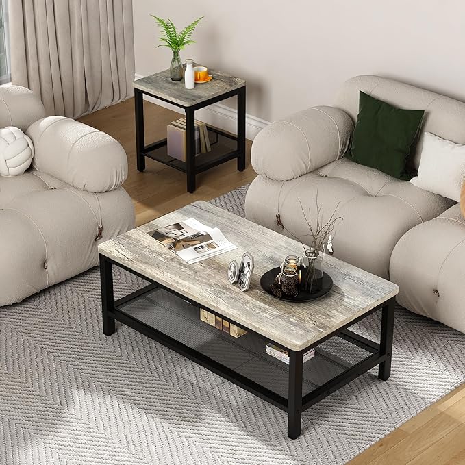 AWQM Coffee Table Set of 3, Industrial Coffee Table with 2 Square End Side Tables, Modern Living Room Table Set with Metal Frame for Apartment Home Office, Grey
