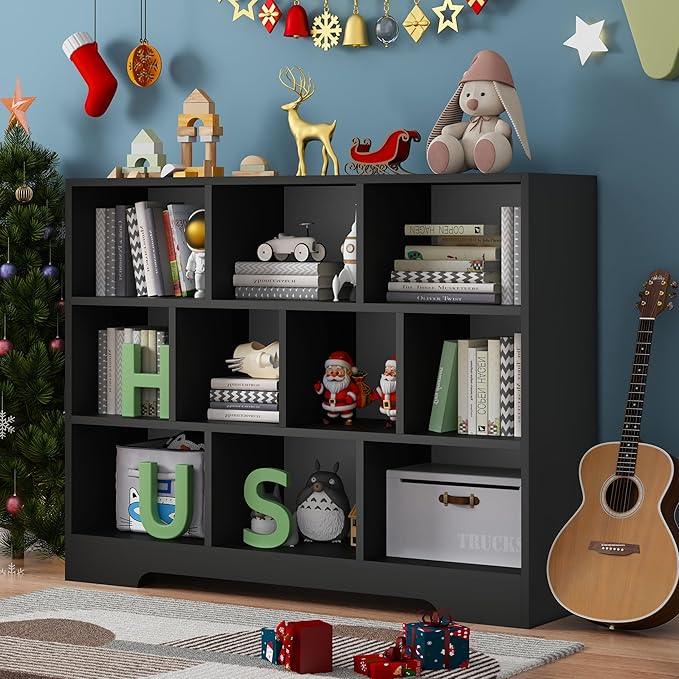 Book Shelf for Kids, 10 Cubes Storage Organizer Montessori Bookshelf, 3-Tier Wooden Kids Bookcase, Toy Storage Organizer for Children, Black Toddler Bookshelf Cube Shelf for Kid’s Room, Classroom