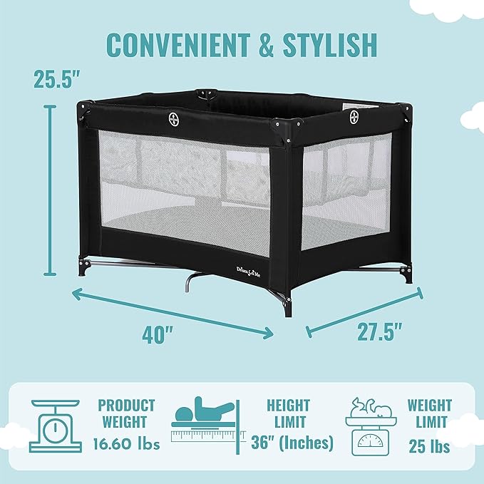 Dream On Me Zazzy Portable Playard with Bassinet in Black, Lightweight Packable and Easy Setup Baby Playard with Mattress and Travel Bag
