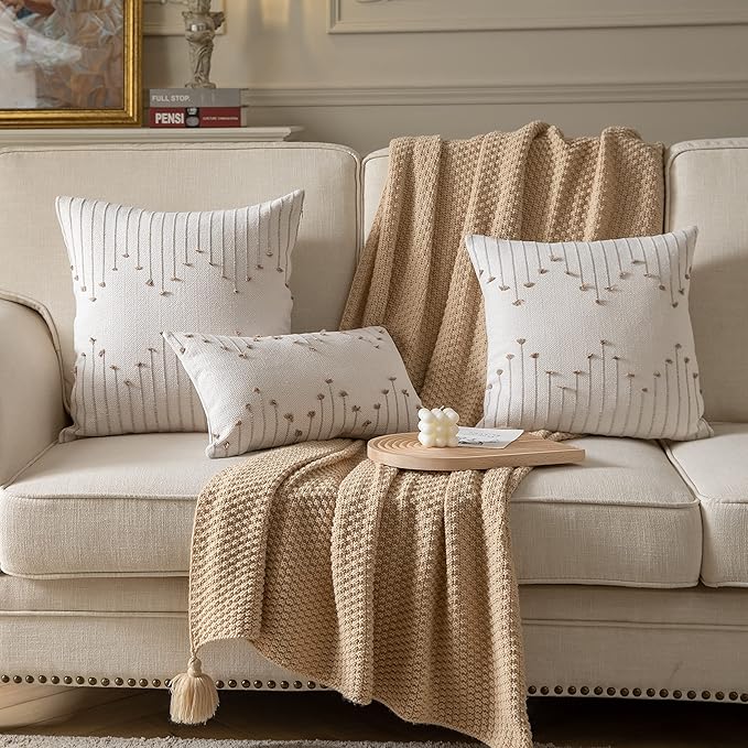 Boho Throw Pillow Covers 20x20 Set of 2 Decorative Pillows for Bed, Neutral Pillow Covers Beige with Tan Line Throw Pillows for Modern Farmhouse Couch Sofa Living Room Outdoor