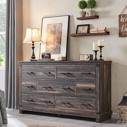 RedLemon Farmhouse 7 Drawer Dresser for Bedroom - Wood Large Dressers & Chests of Drawers for Closet, 54 Inch Long Dresser with Storage for Bedroom, Living Room, Dark Rustic Oak