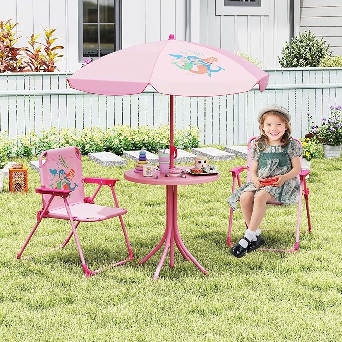 Costzon Kids Picnic Table, Kids Outdoor Table with 2 Folding Chairs, Height Adjustable Umbrella, Portable Children Outdoor Furniture for Patio, Garden, Backyard (Pink)
