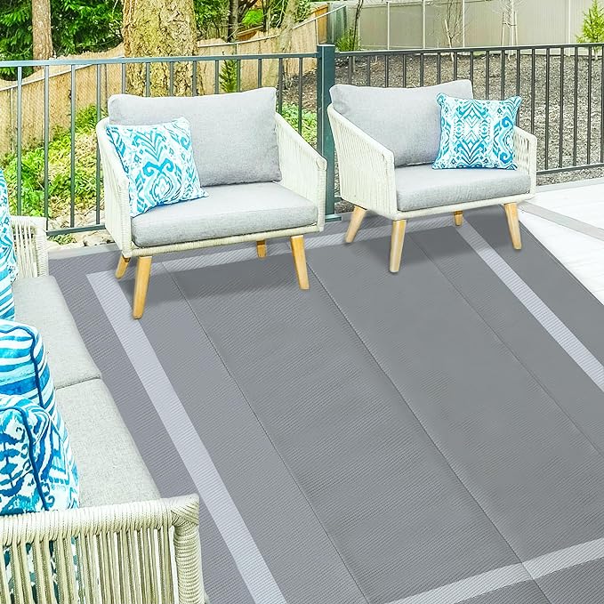 Ogrmar 6x9 FT Reversible Mats, Outdoor Rug for Patio Clearance, Waterproof Carpet, Plastic Straw Rug for Indoor Outdoor, Floor Mat&Rug for RV Porch Camping Backyard Deck Balcony Beach Trailer (Gray)