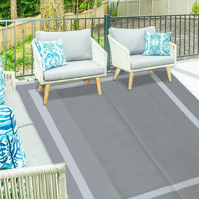 Ogrmar 9x12 FT Reversible Mats, Outdoor Rug for Patio Clearance, Waterproof Carpet, Plastic Straw Rug for Indoor Outdoor, Floor Mat&Rug for RV Porch Camping Backyard Deck Balcony Beach Trailer (Gray)