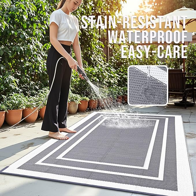 OLANLY Outdoor Rug 8x10 ft Waterproof, Reversible Outdoor Plastic Straw Rug, RV Mat, Indoor Outdoor Carpet Clearance for Patio, Camping, Balcony, Deck, Backyard, Grey & White