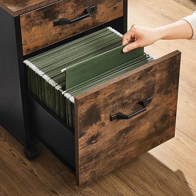 VASAGLE 2 Drawers File Cabinet for Home Office, Printer Stand with Wheels, for A4, Letter Sized Documents, Hanging File Folders, Rustic Brown and Ink Black UOFC042B01V1