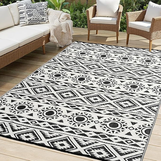 Outdoor Rug Waterproof 6x9 ft, Reversible Outdoor Plastic Straw Rug Patio Rug, RV Rugs for Outside, Outdoor Carpet for Patio Camping Deck Balcony Backyard, Black & White