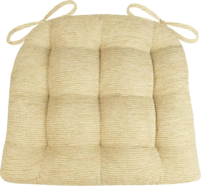 Barnett Home Decor Chenille Rib Tan Dining Chair Cushions with Ties - 15 x 17 Size Small Chair Pad - Latex Foam Fill, Reversible - Made in USA (Beige/Small)