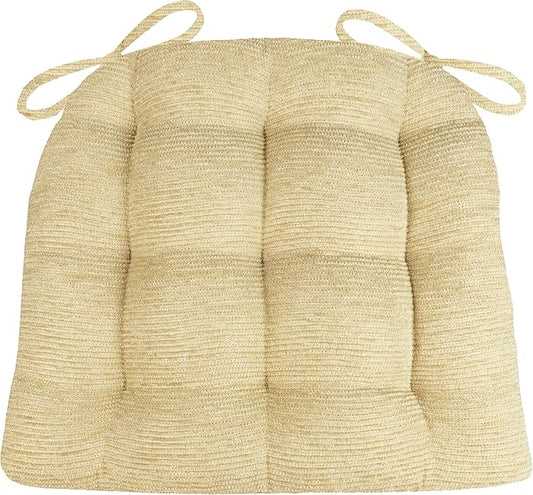 Barnett Home Decor Chenille Rib Tan Dining Chair Cushions with Ties - 15 x 17 Size Small Chair Pad - Latex Foam Fill, Reversible - Made in USA (Beige/Small)
