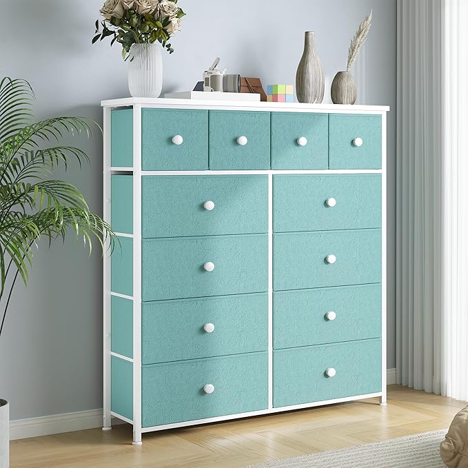 Dresser for Bedroom with 12 Drawers Tall Dressers for Bedroom Fabric Dressers & Chest of Drawers with Sturdy Metal Frame, Wood Top, for Woman, Closet, 40.6" W x 11.8" D x 44.5" H (Turquoise)