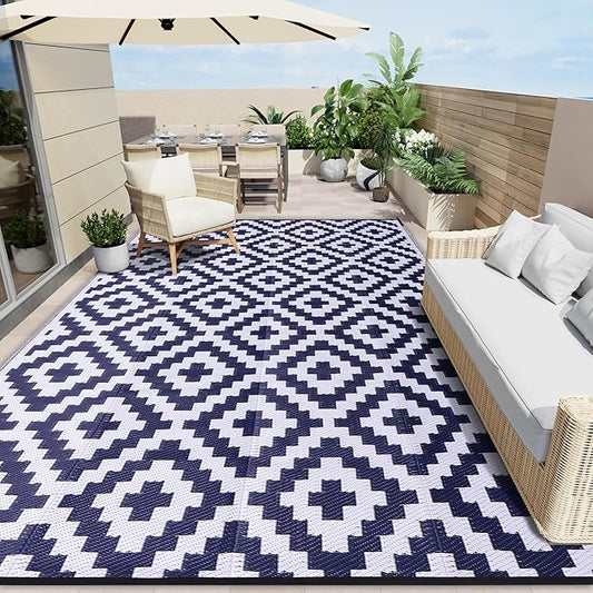 OLANLY Waterproof Outdoor Rug 9x12 ft, Outdoor Plastic Straw Rug for Camping, RV Mat Outside, Indoor Outdoor Carpet for Porch, Deck, Backyard, Balcony, Picnic, Navy & White
