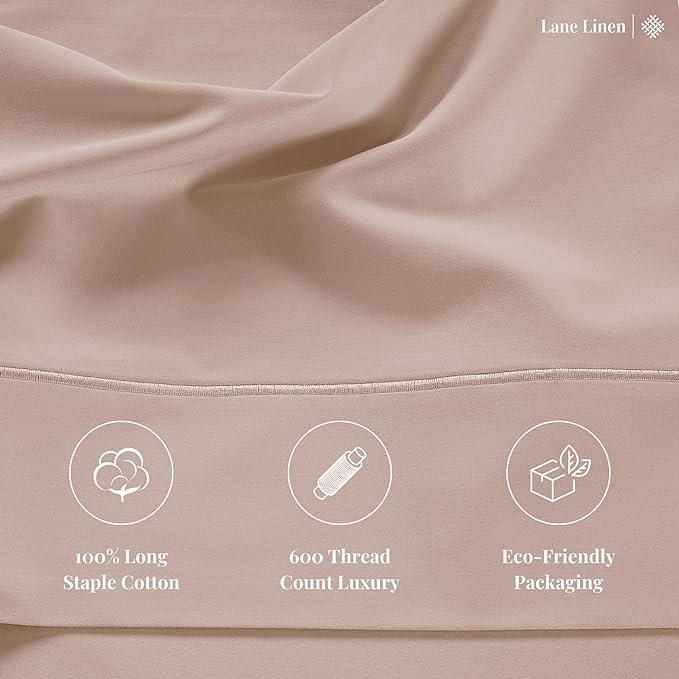 LANE LINEN Queen Sheet Sets – Natural 100% Cotton 600 Thread Count Cooling Sheets Queen, Soft Comfort for Restful Sleep, Easy Care & Machine Washable for Everyday Use, 15" Deep Pocket – Sepia Rose