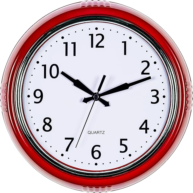 Bernhard Products Retro Wall Clock 9.5 Inch Red Kitchen 50's Vintage Design Round Silent Non Ticking Battery Operated Quality Quartz Clock