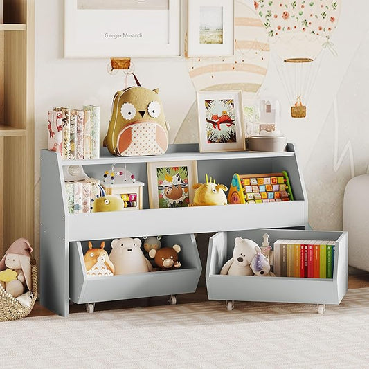 Toy Storage Organizer for Kids, Toy Storage Cabinet with Drawers, Boys and Girls Toy Shelf with Wheels, Toy Organizer Kids Bookshelf with Storage for Nursery, Playroom, Bedroom (Light Grey)