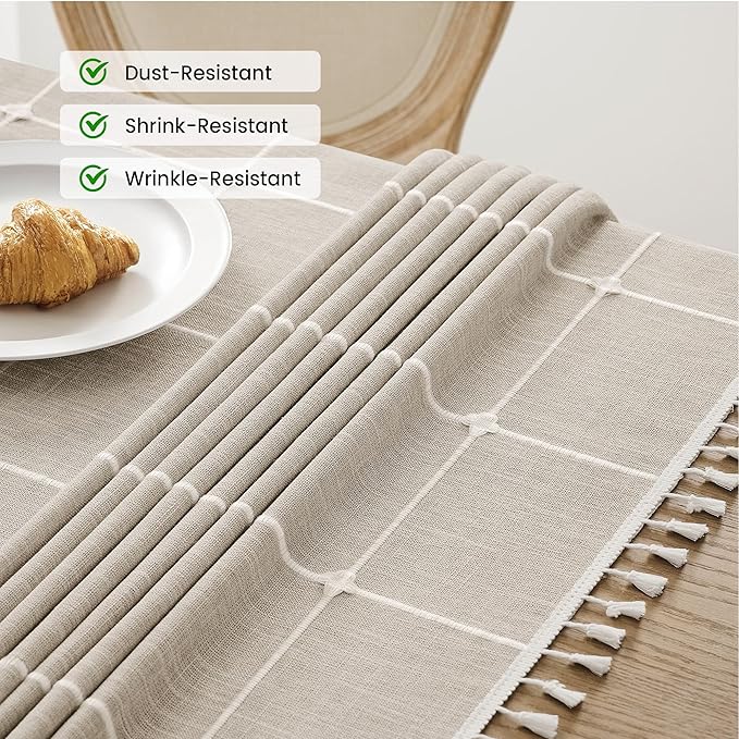 puredown® Plaid Rectangle Tablecloth, Waterproof Cotton Linen Tablecloth with Tassel, Rustic Farmhouse Table Cloths for Kitchen Dining Outdoor, 55"x120",10-12 Seats, Coffee