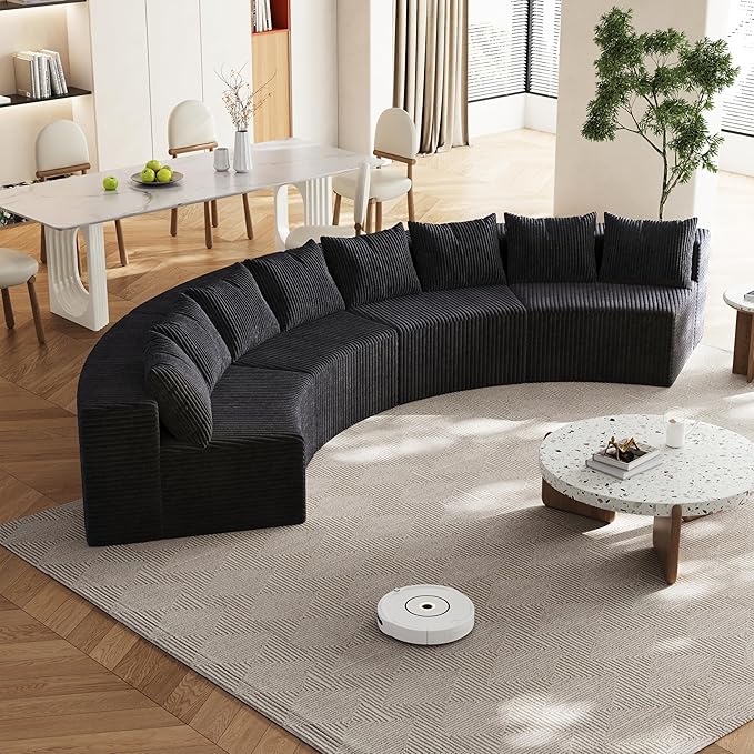 KEIKI 4 Seat Corduroy Curved Sectional Sofa, Symmetrical Modular Semi Circular Couch, Deep Seat Tufted Corner Sofa for Living Room, Lobby, Black