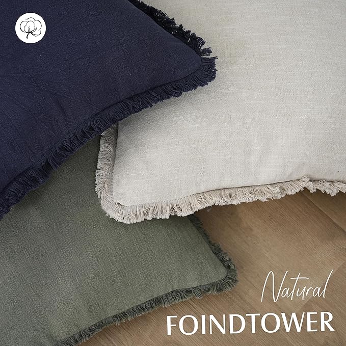 Foindtower Set of 2 Decorative Linen Fringe Throw Pillow Covers Cozy Boho Farmhouse Cushion Cover with Tassels Soft Accent Pillowcase for Couch Chair Sofa Bed Living Room Home Decor,18×18 Inch,Beige