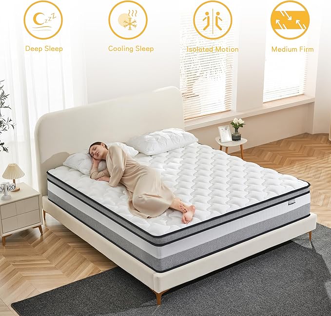 King Mattress, 12 Inch King Size mattresses | Medium Firm - Cooling Gel Memory Foam & Zoned Pocket Coils for Pressure Relief, Spinal Alignment & Extra Lumbar Support | Motion Isolation |