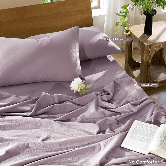 MooMee Bedding Duvet Cover Set 100% Washed Cotton Linen Like Textured Breathable Durable Soft Comfy (Solid Taro Purple, Alaska King 132"x120")