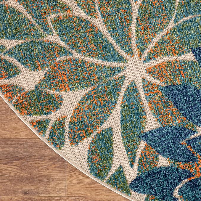 Nourison Home Aloha 8' x Round Blue Green Fabric Tropical Area Rug (8' Round)
