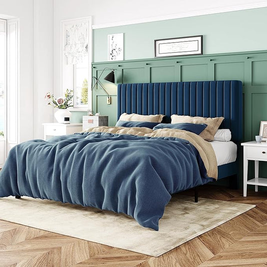 Allewie Full Bed Frame, Velvet Upholstered Platform Bed with Adjustable Vertical Channel Tufted Headboard, Mattress Foundation with Strong Wooden Slats, Box Spring Optional, Easy Assembly, Navy Blue