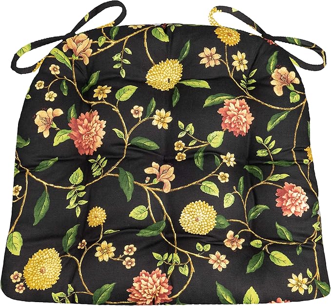Barnett Home Decor Nassau Black Floral Dining Chair Pad with Ties - Medium Size 18 Chair Cushion - Latex Foam Fill - Machine Washable, Reversible, 100% Cotton, Made in USA, Colonial Williamsburg