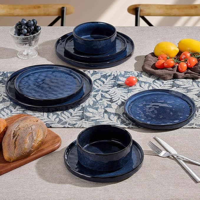 Herogo 12 Pieces Dinnerware Sets, Plates and Bowls Sets Service for 4, Modern Stoneware Dinning Dishes, Dishwasher & Microwave Safe, Starry Blue