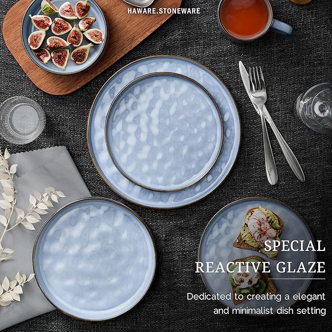 HaWare Dinnerware Sets, 12-Piece Plates and Bowls Set, Stoneware Dish Set for 4, Ceramic Dinnerware for Home Restaurant, Chip and Scratch Resistant, Microwave and Dishwasher Safe, Reactive Blue