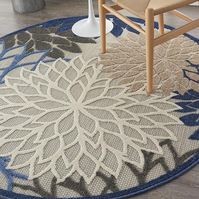 Nourison Aloha Indoor/Outdoor Blue/Multicolor 5'3" x Round Area Rug, Tropical, Botanical, Easy Cleaning, Non Shedding, Bed Room, Living Room, Dining Room, Deck, Backyard, Patio (5 Round)