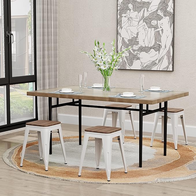 Andeworld 18 Inch Stools Set of 4,Industrial Metal Dining Chair with Wooden Seat,Short Kitchen Bar Stools Stackable for School,Classroom,Cream White
