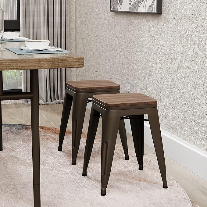 Andeworld 18 Inch Stools Set of 4,Industrial Metal Dining Chair with Wooden Seat,Short Kitchen Bar Stools Stackable for School,Classroom,Rusty