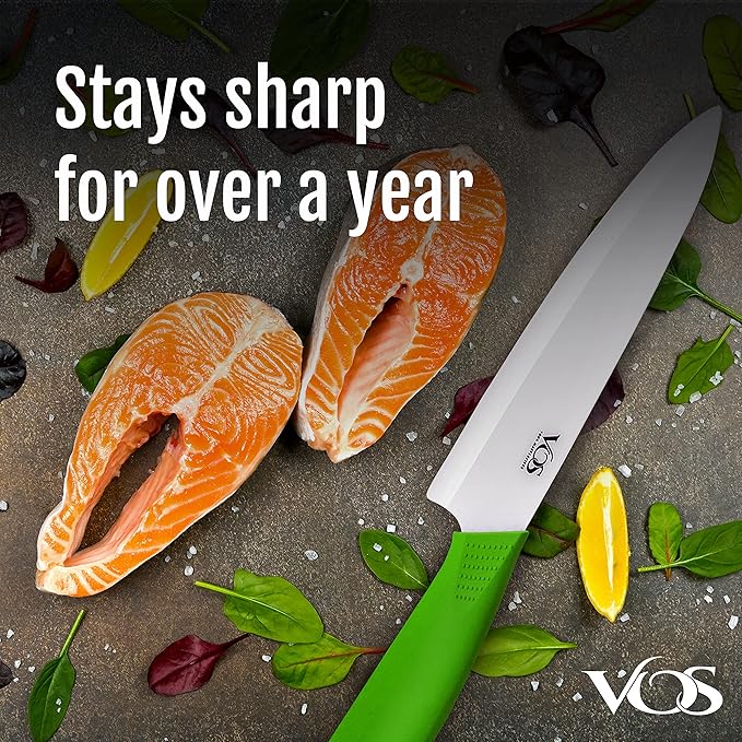 Vos Ceramic Chef Knife 8 Inch with Protection Cover – Large Ceramic Kitchen Knife for Slicing, Dicing, and Fruits – Lightweight Zirconia Blade – Luxury Gift Packaging – Ultra Sharp Chefs Knife (Green)