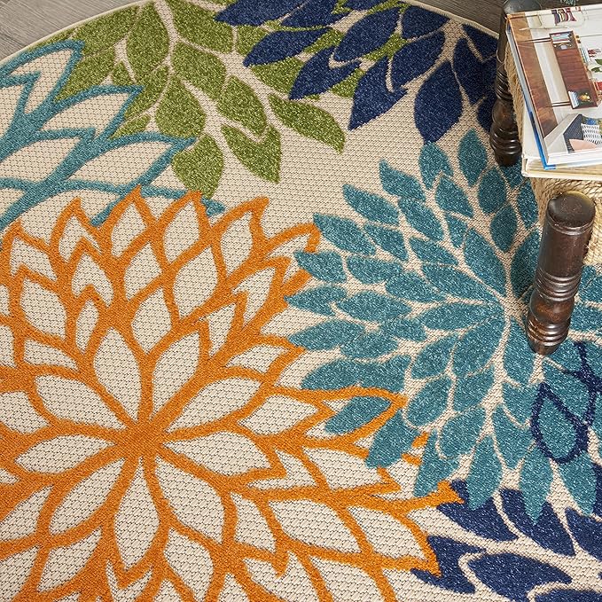 Nourison Home Aloha Indoor/Outdoor Multicolor 4' x Round Area Rug, Tropical, Botanical, Easy Cleaning, Non Shedding, Bed Room, Living Room, Dining Room, Deck, Backyard, Patio (4 Round)