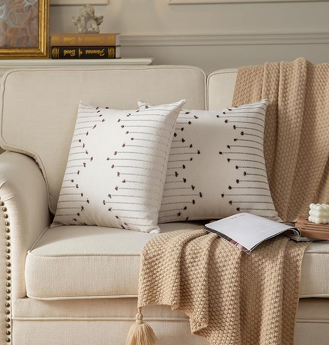 Boho Throw Pillow Covers 20x20 Set of 2 Decorative Pillows for Bed, Neutral Pillow Covers Beige with Coffee Line Throw Pillows for Modern Farmhouse Couch Sofa Living Room Outdoor