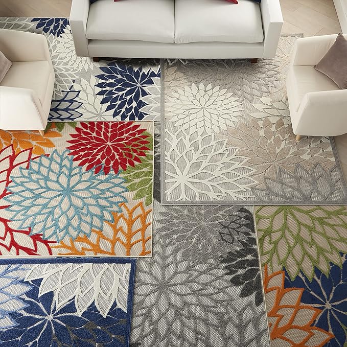 Nourison Aloha Indoor/Outdoor Blue/Multicolor 3'6" x 5'6" Area Rug, Tropical, Botanical, Easy Cleaning, Non Shedding, Bed Room, Living Room, Dining Room, Deck, Backyard, Patio (3x5)