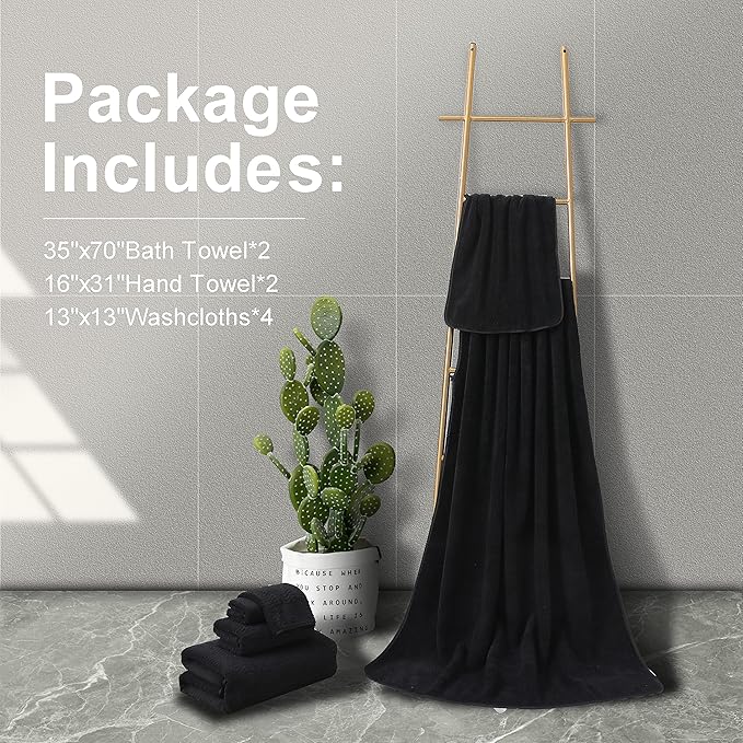 Ultra Soft 8 Piece Textured Bath Towel Set for Bathroom Shower Pool, Kitchen, Quick Dry, Lightweight Highly Absorbent - 2 Oversized Bath Towel Sheets, 2 Hand Towels, 4 Washcloths - Black