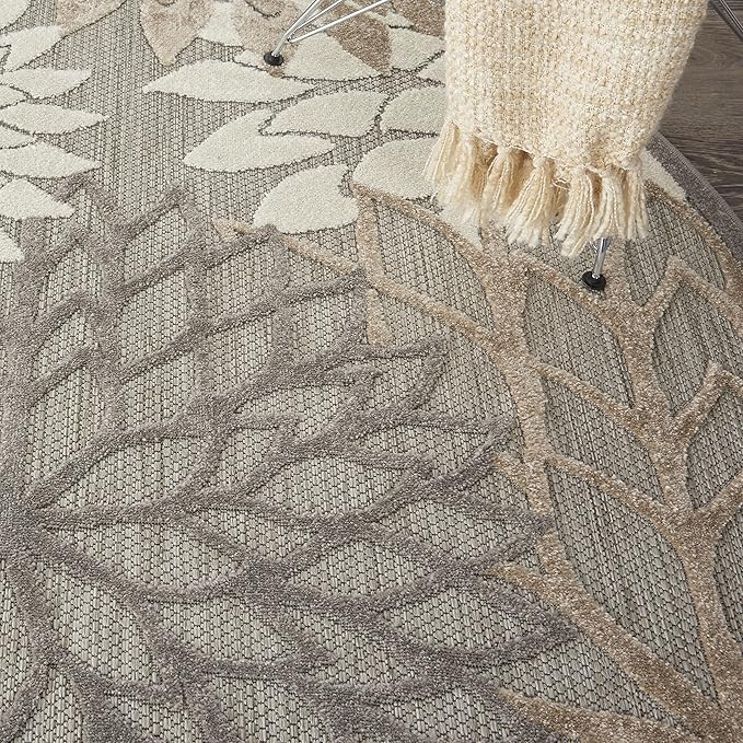 Nourison Aloha Indoor/Outdoor Area Rug 4', Natural, Round Tropical Botanical Easy -Cleaning Non Shedding Bed Room Living Room Dining Room Deck Backyard Patio