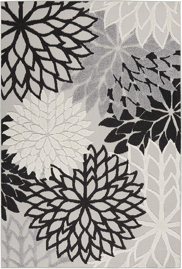 Nourison Aloha Indoor/Outdoor Black White 5'3" x 7'5" Area Rug, Tropical, Botanical, Easy Cleaning, Non Shedding, Bed Room, Living Room, Dining Room, Deck, Backyard, Patio (5x7)