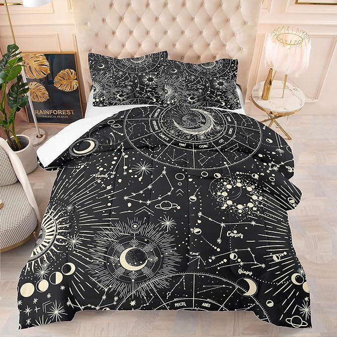 Tailor Shop Sun and Moon Comforter Sets Twin Size,Stars Space Psychedelic Bedding Set for Kids Boys Teens,Boho Bedding Mandala Comforter Sets with 1 Pillowcases