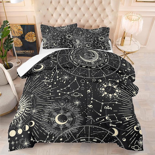 Tailor Shop Sun and Moon Comforter Sets Queen Size,Stars Space Psychedelic Bedding Set for Kids Boys Teens,Boho Bedding Sun Moon Mandala Comforter Sets with 2 Pillowcases