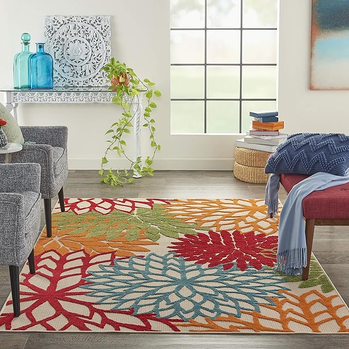 Nourison Aloha Indoor/Outdoor Green 5'3" x 7'5" Area Rug, Tropical, Botanical, Easy Clean, Non Shedding, Bed Room, Living Room, Dining Room, Deck, Backyard, Patio (5x7)