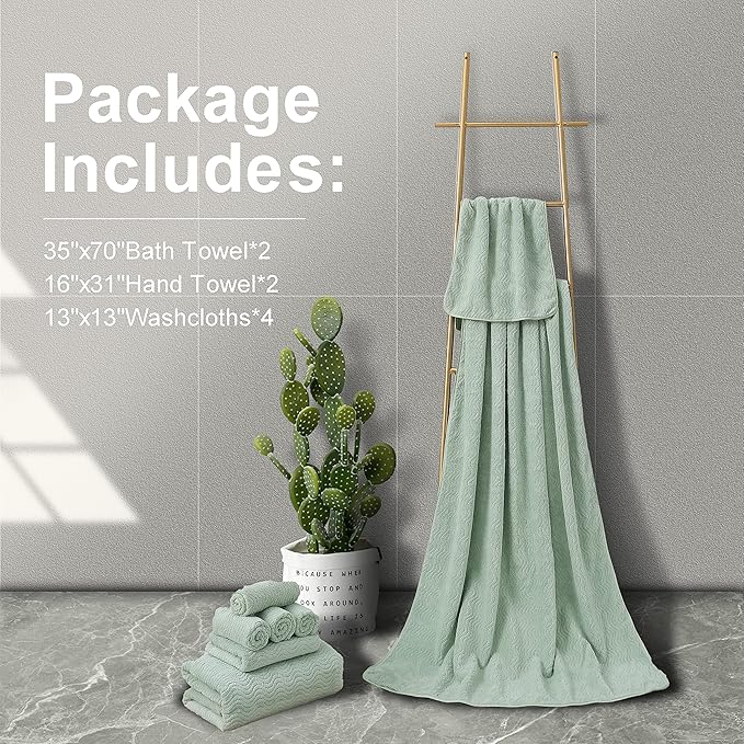 Ultra Soft 8 Piece Textured Bath Towel Set for Bathroom Shower Pool, Kitchen, Quick Dry, Lightweight Highly Absorbent - 2 Oversized Bath Towel Sheets, 2 Hand Towels, 4 Washcloths - Light Green