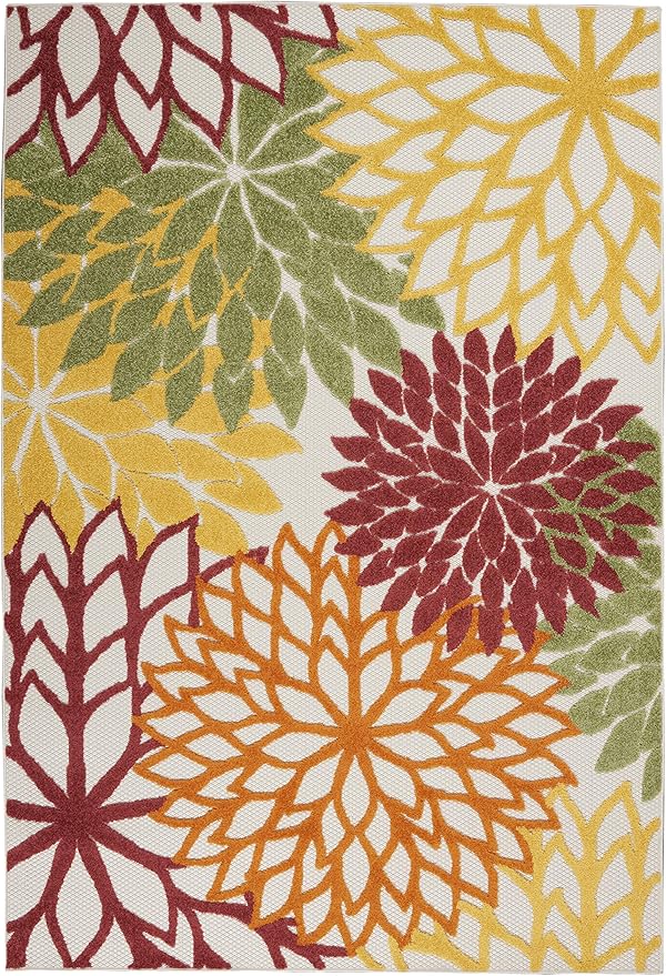 Nourison Aloha Indoor/Outdoor Red Multi Colored 3'6" x 5'6" Area Rug, Tropical, Botanical, Easy Cleaning, Non Shedding, Bed Room, Living Room, Dining Room, Deck, Backyard, Patio (3x5)
