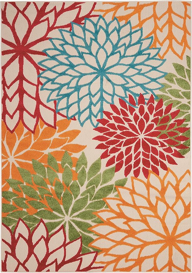 Nourison Aloha Indoor/Outdoor Green 5'3" x 7'5" Area Rug, Tropical, Botanical, Easy Clean, Non Shedding, Bed Room, Living Room, Dining Room, Deck, Backyard, Patio (5x7)