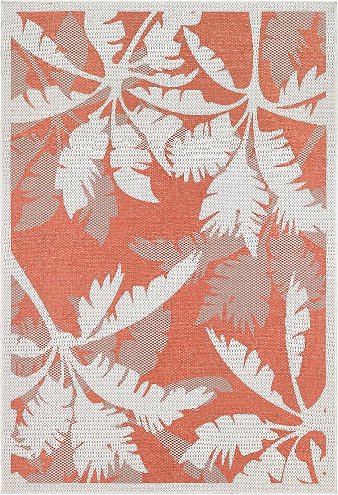 Couristan Monaco Indoor Outdoor Area Rug – Coastal Flora 5'3" x 7'6" in Ivory Orange – Flatwoven, Hose Washable, Pet Friendly Rug for Patio, Porch and Home Decor