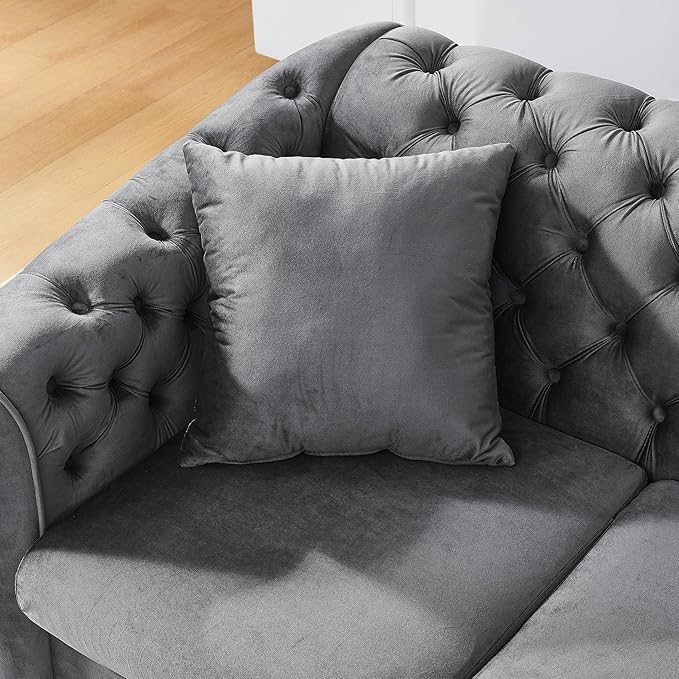 KEIKI 81" Luxury Oversized Velvet Chesterfield Sofa with Gold Stainless Decoration, Mid-Century Style 3-Seater Couch with Tufted Back and Rolled Arms, Easy Assembly, for Apartment, Living Room, Grey